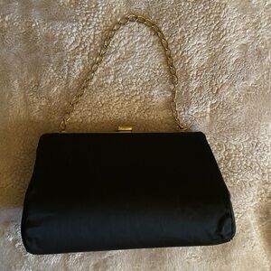 Beautiful vintage Black Evening Clutch with chain. Satin like fabric